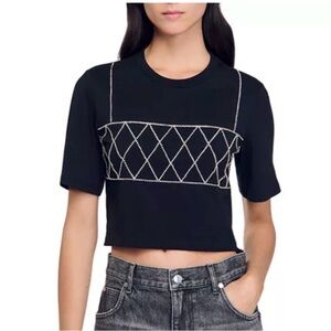 Sandro Black Cropped Top with Diamond Pattern NWOT S/M